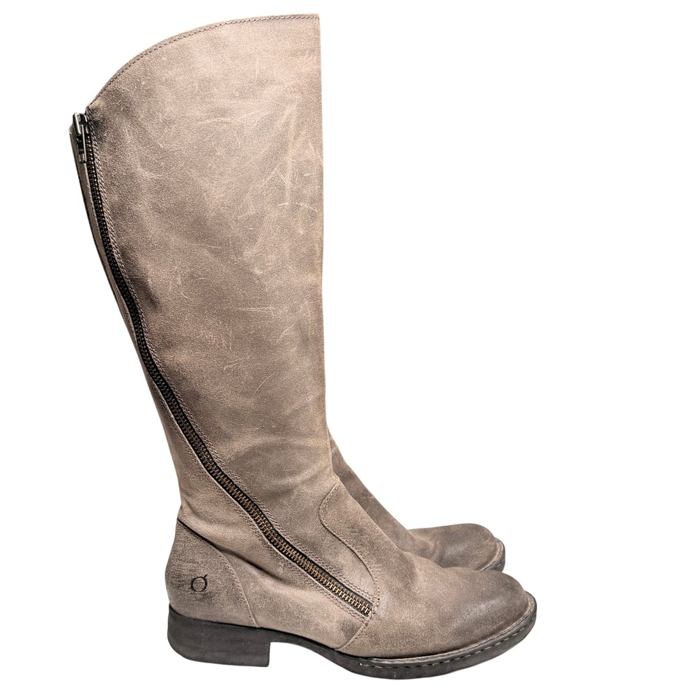 Born Tall Riding Boots Womens Sz 9.5 Grey Distressed Leather Side Zip Knee High
